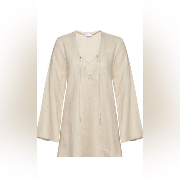 Monday Swimwear Sand Colored Linen Laceup Tunic Minidress. - Picture 2 of 5